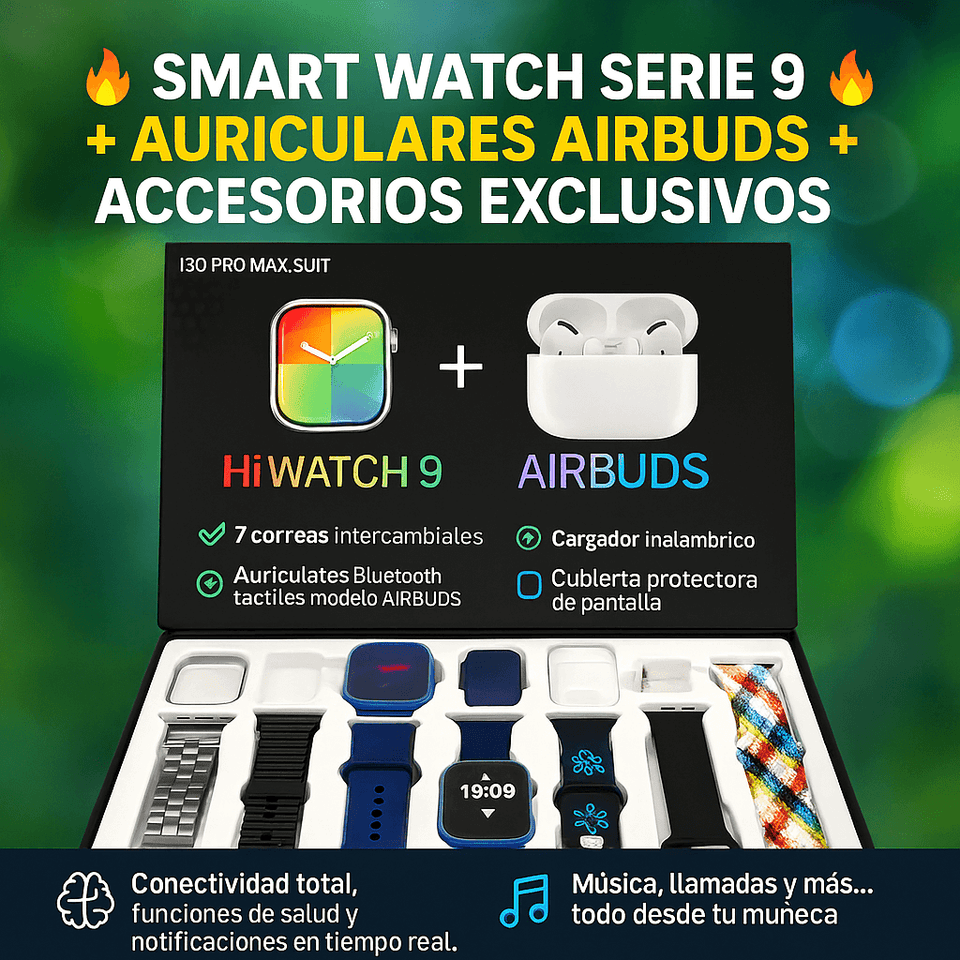 Smart Watch I30 Serie 9 + Airbuds + 7 Correas + Protector + Accesorios