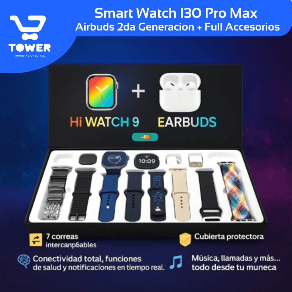 Smart Watch I30 Serie 9 + Airbuds + 7 Correas + Protector + Accesorios